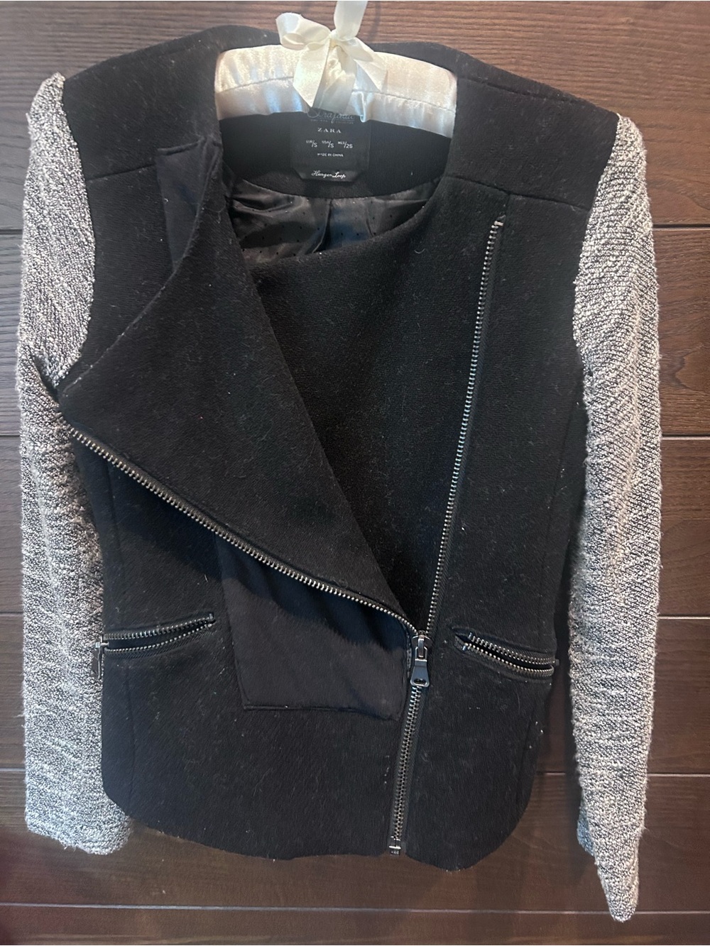 Zara Black mixed material moto zip jacket with Gray textured Knit Sleeves